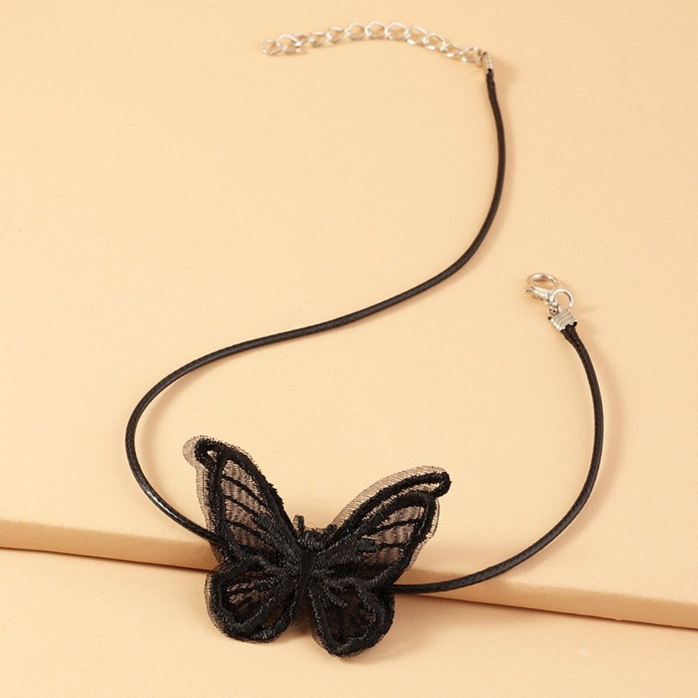 Girls Black Lace Fabric Butterfly Choker Clavicle Collar Dainty Necklace - Picture 2 of 5